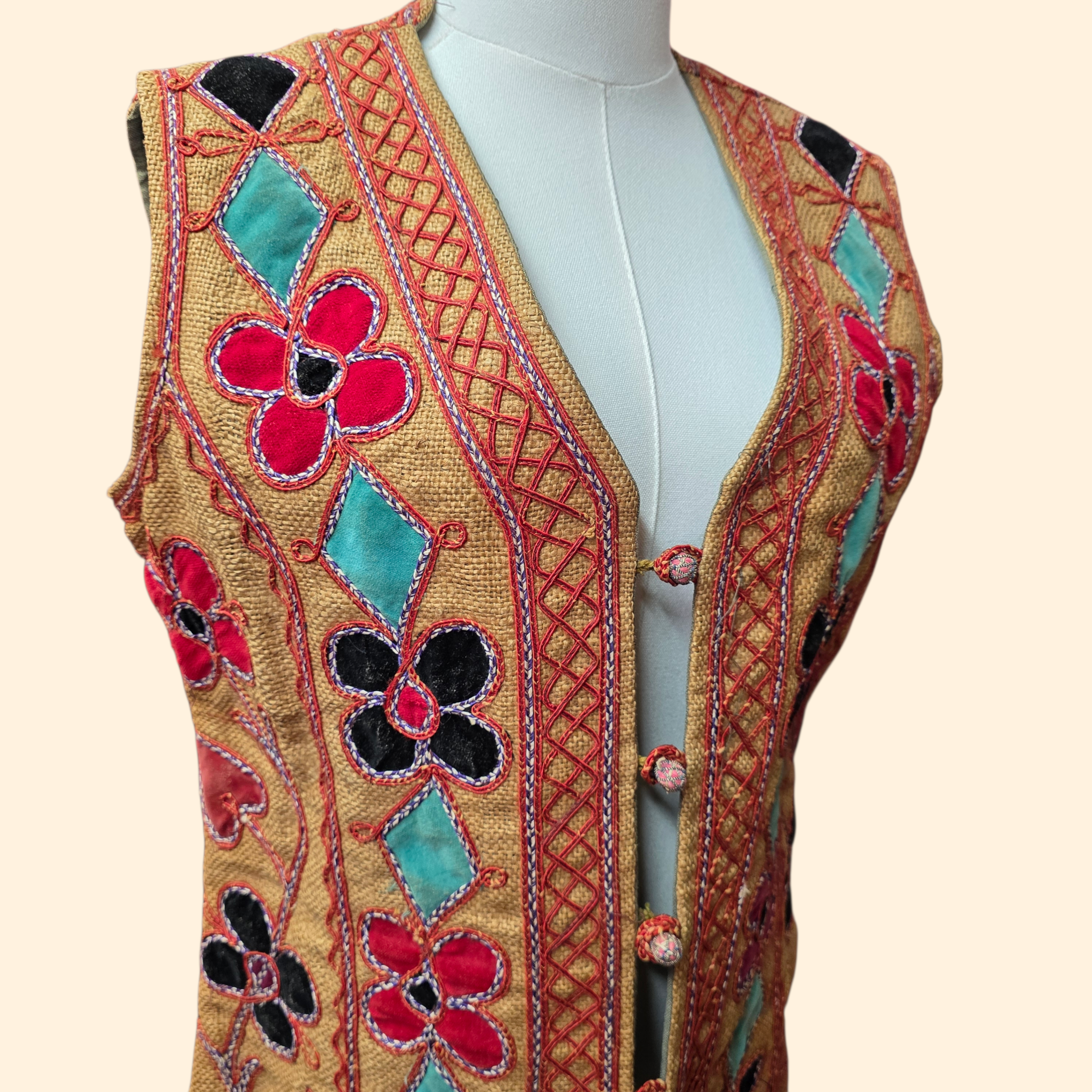 1960s Embrodered Applique Afghan Waistcoat ~ Medium ~ Jute Boho Vest