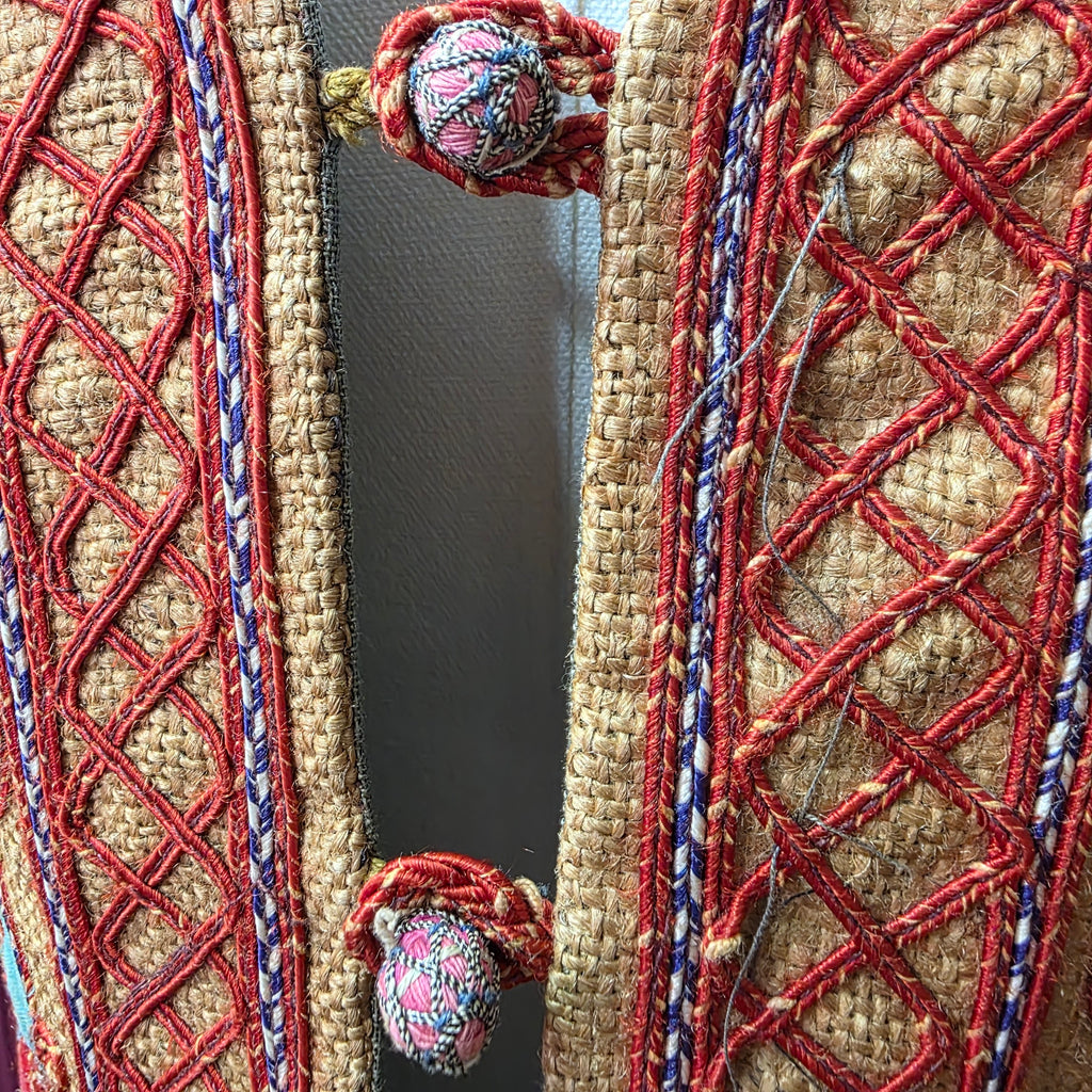 1960s Embrodered Applique Afghan Waistcoat ~ Medium ~ Jute Boho Vest