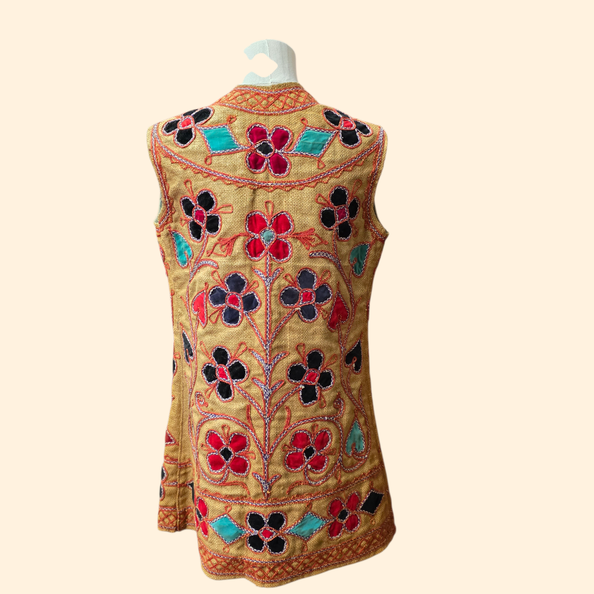 1960s Embrodered Applique Afghan Waistcoat ~ Medium ~ Jute Boho Vest
