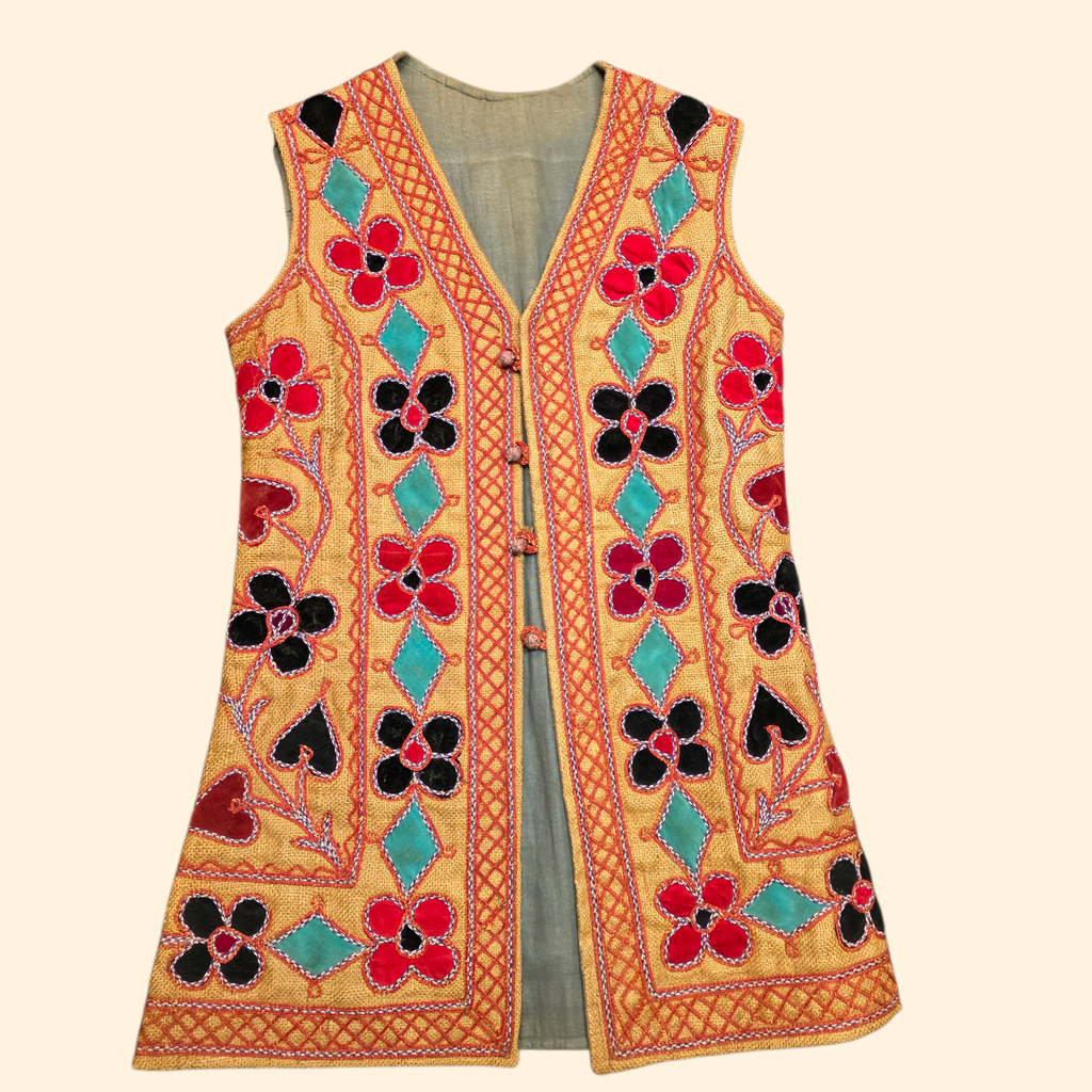 1960s Embrodered Applique Afghan Waistcoat ~ Medium ~ Jute Boho Vest