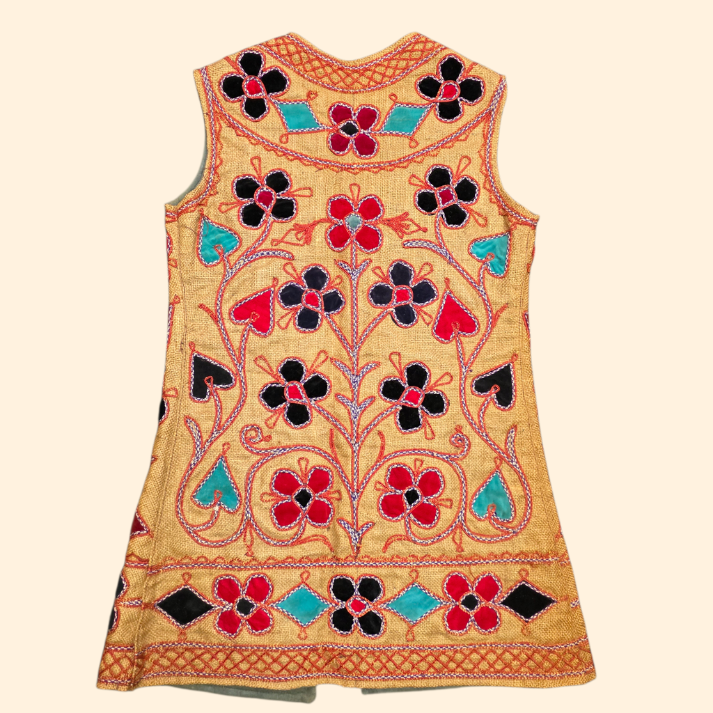 1960s Embrodered Applique Afghan Waistcoat ~ Medium ~ Jute Boho Vest