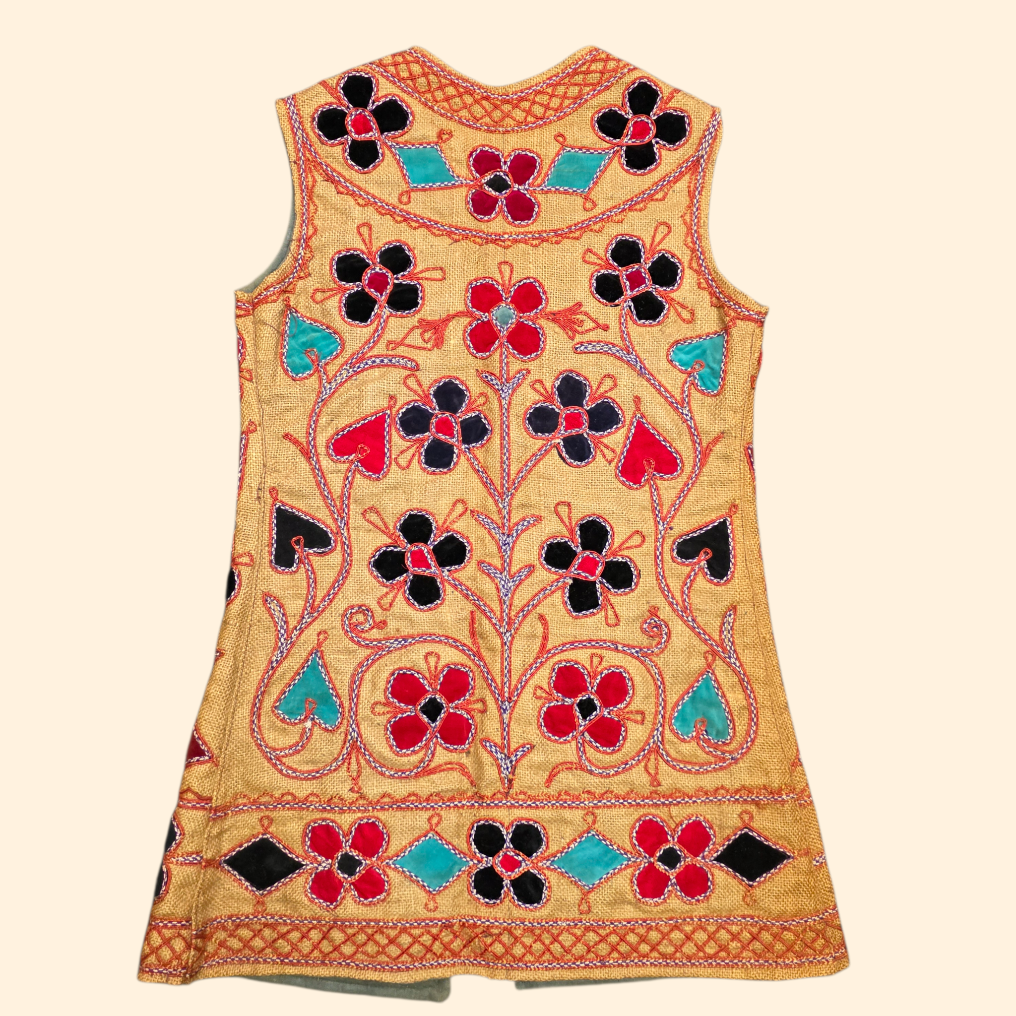 1960s Embrodered Applique Afghan Waistcoat ~ Medium ~ Jute Boho Vest
