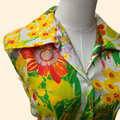 1960s Flower Power Sleeveless Buttondown Shirt ~ Large ~ Floral Orange Yellow Green