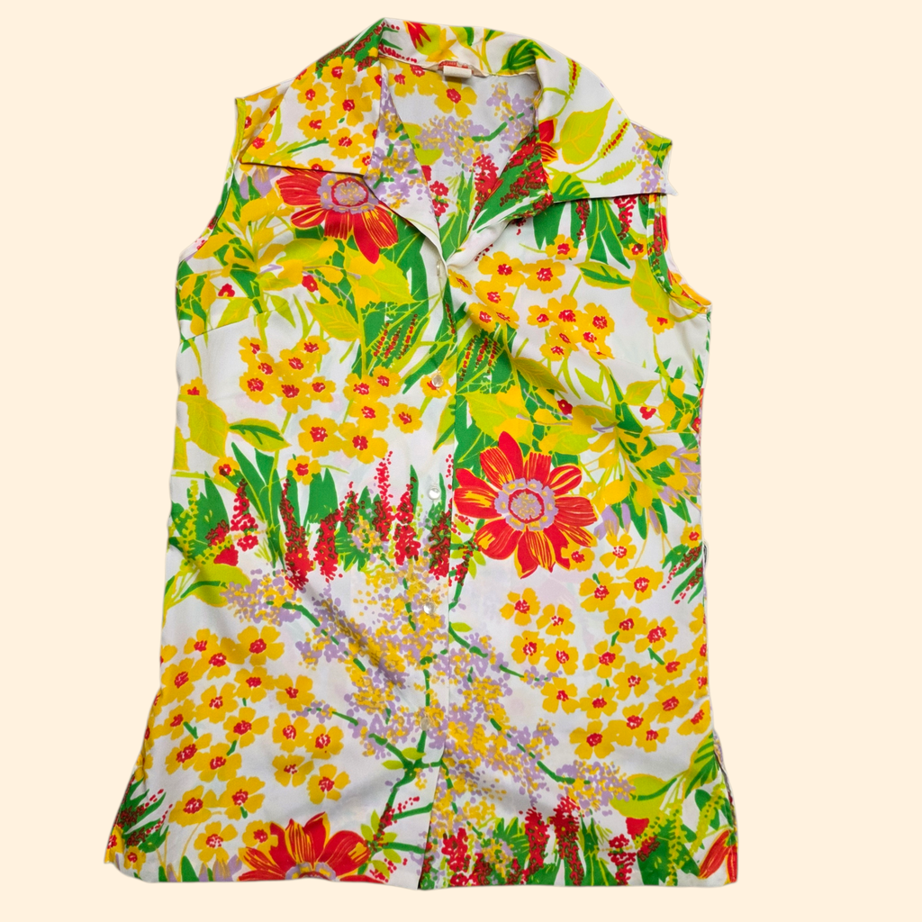 1960s Flower Power Sleeveless Buttondown Shirt ~ Large ~ Floral Orange Yellow Green