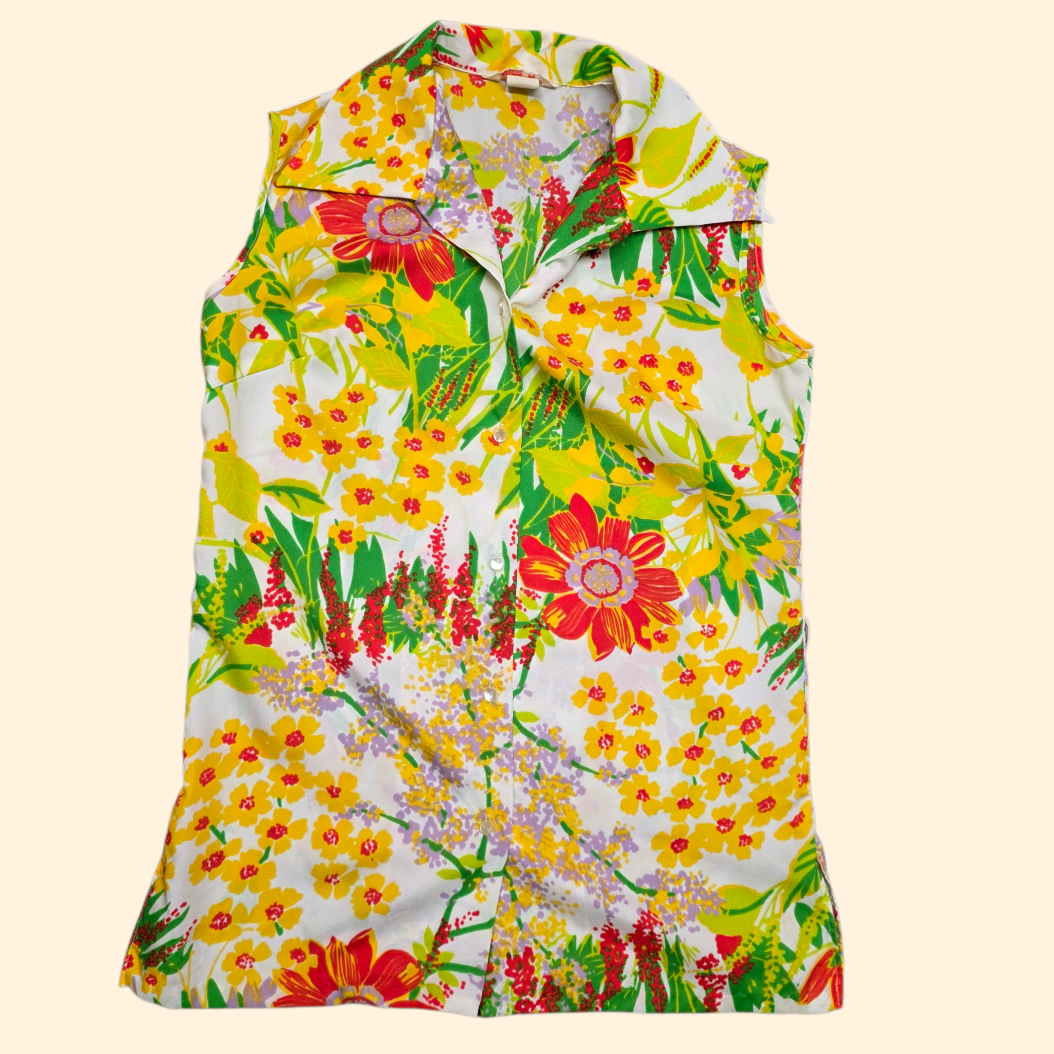 1960s Flower Power Sleeveless Buttondown Shirt ~ Large ~ Floral Orange Yellow Green