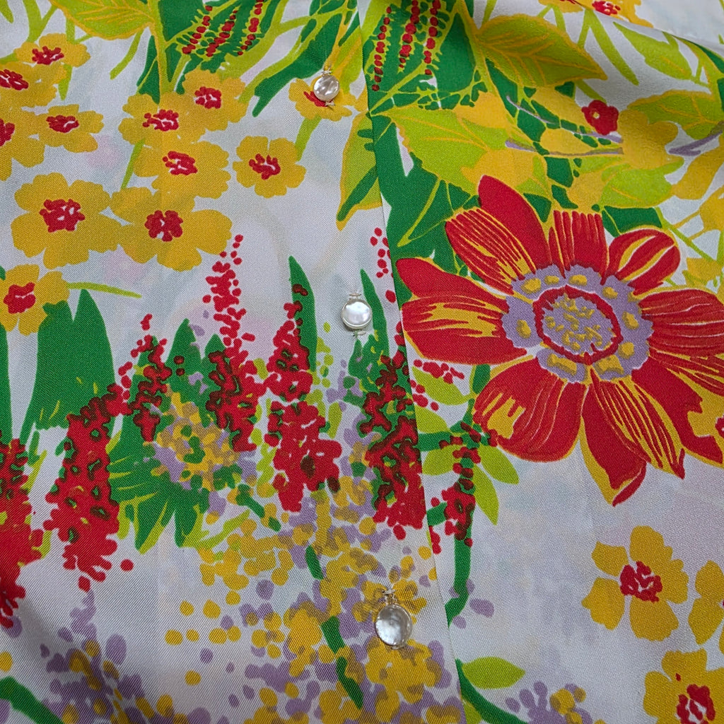 1960s Flower Power Sleeveless Buttondown Shirt ~ Large ~ Floral Orange Yellow Green