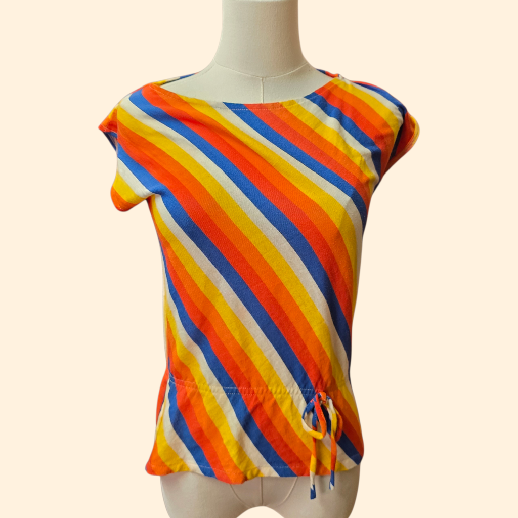 1970s Diagonal Stripe Cap Sleeve T Shirt ~ Medium ~ Blue Orange Yellow