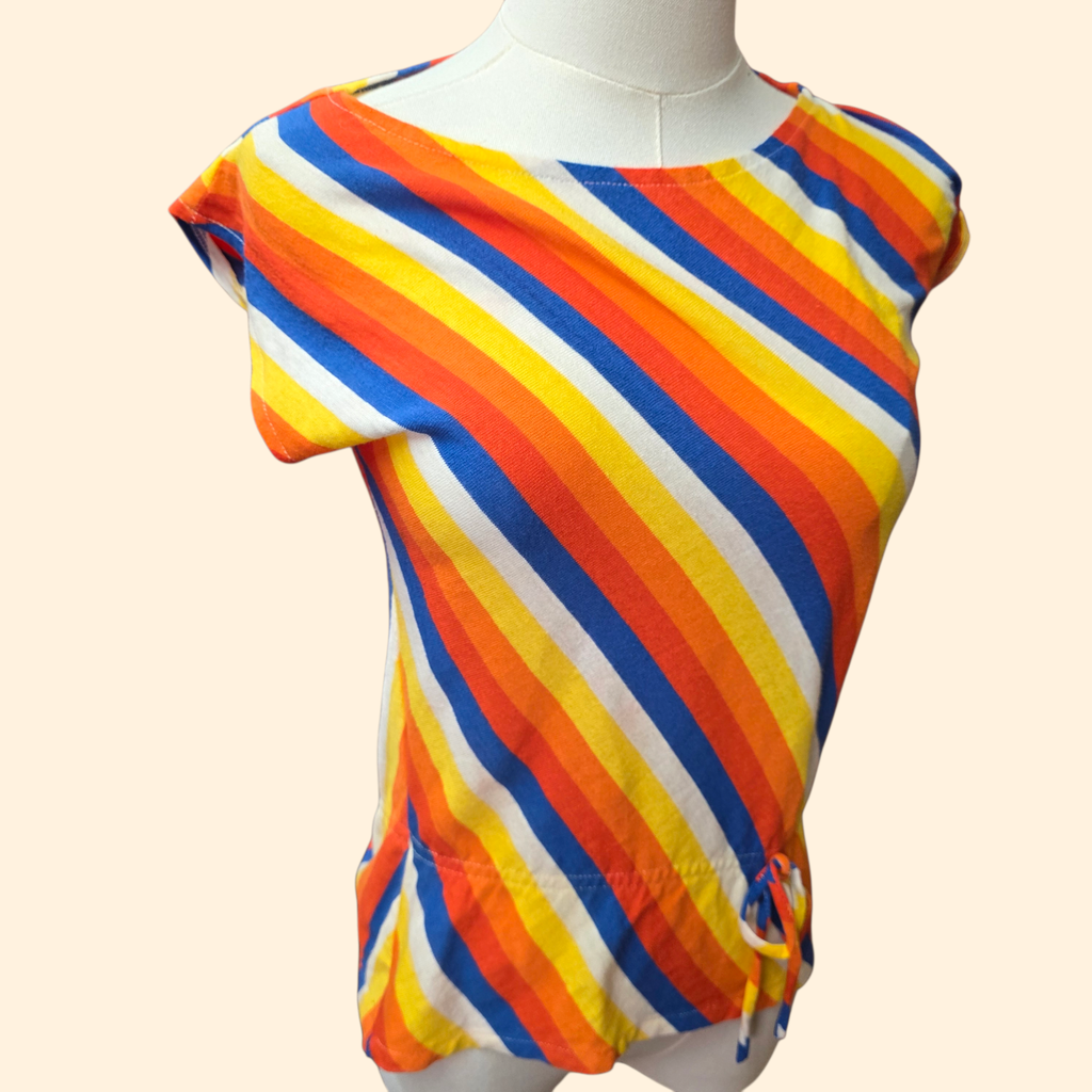 1970s Diagonal Stripe Cap Sleeve T Shirt ~ Medium ~ Blue Orange Yellow