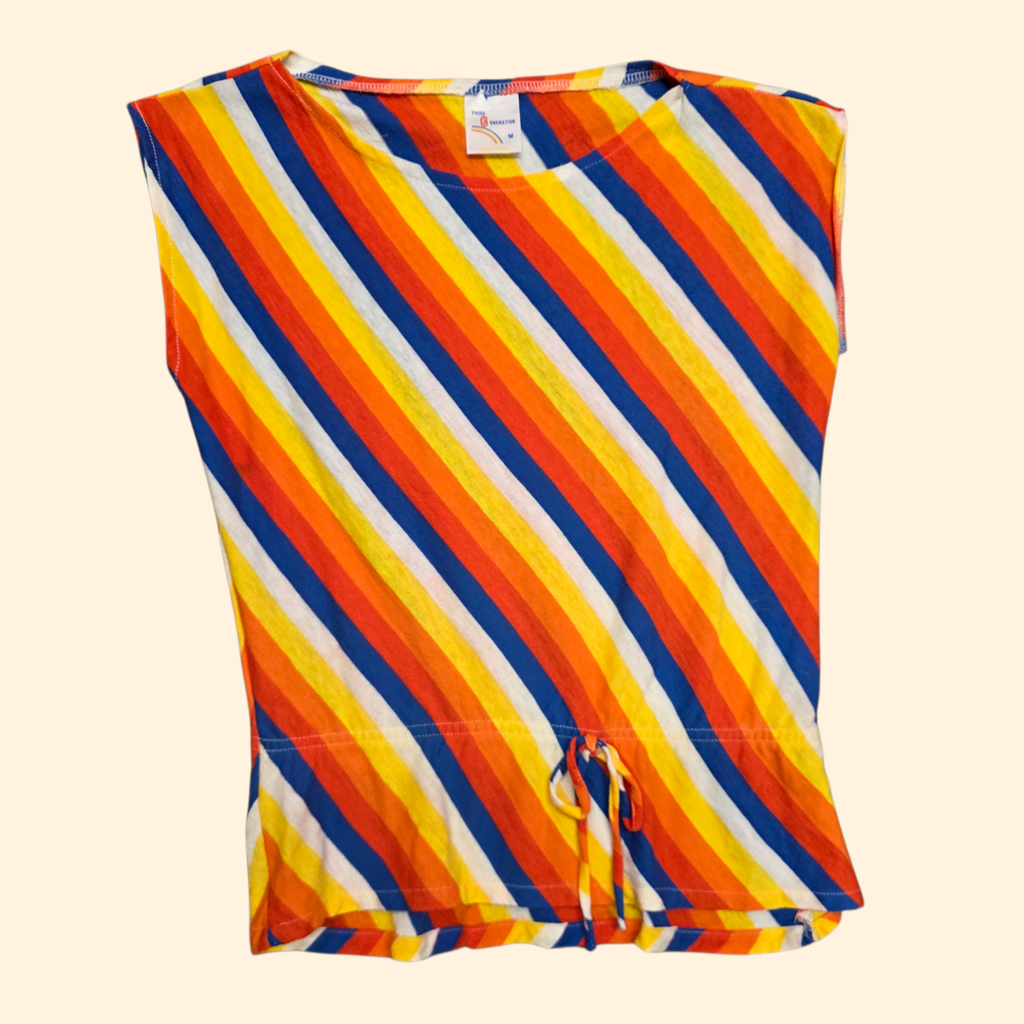 1970s Diagonal Stripe Cap Sleeve T Shirt ~ Medium ~ Blue Orange Yellow