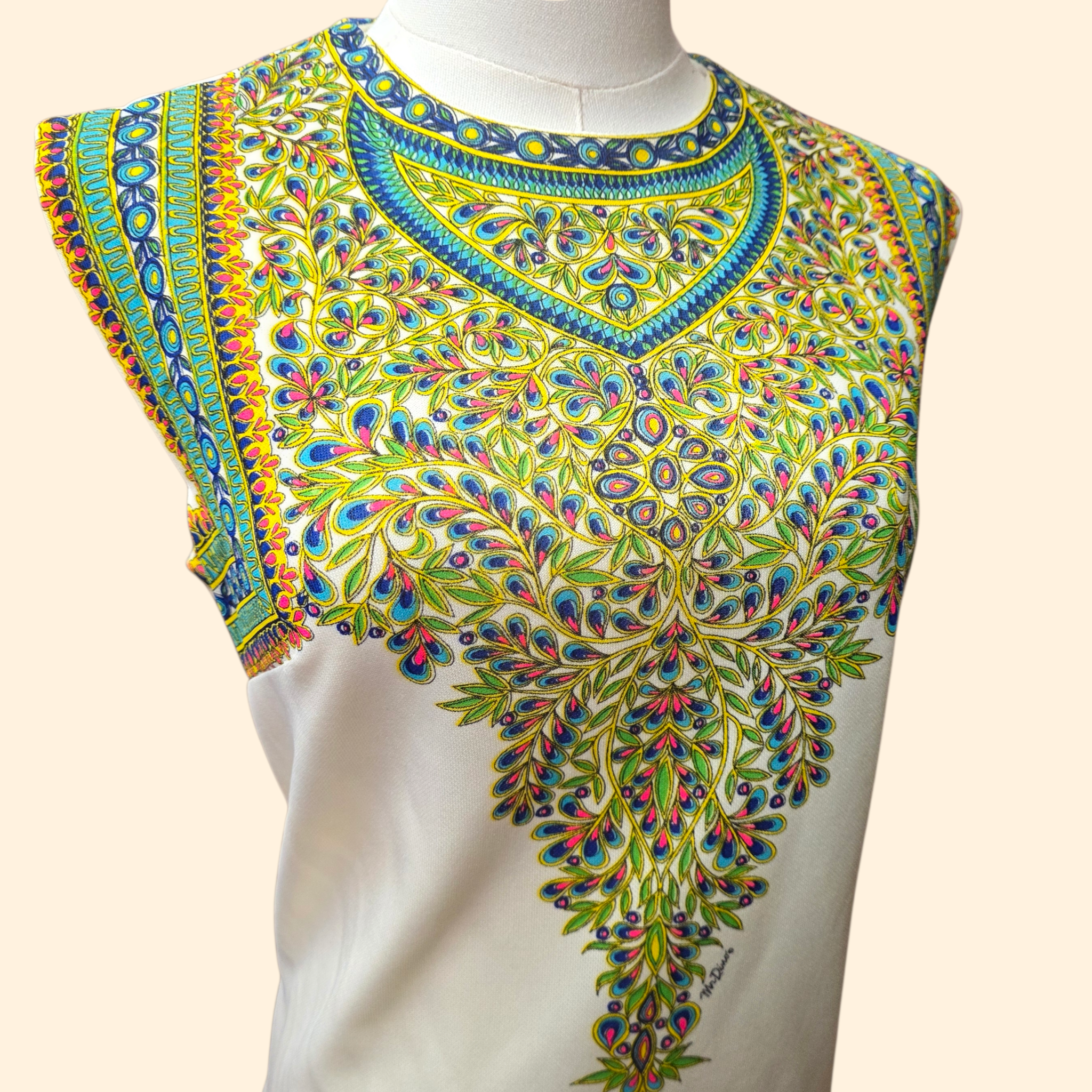 1960s Mr. Dino Psychedelic Sleeveless Shell Tunic Top ~ Large ~ Teal Yellow Green Pink