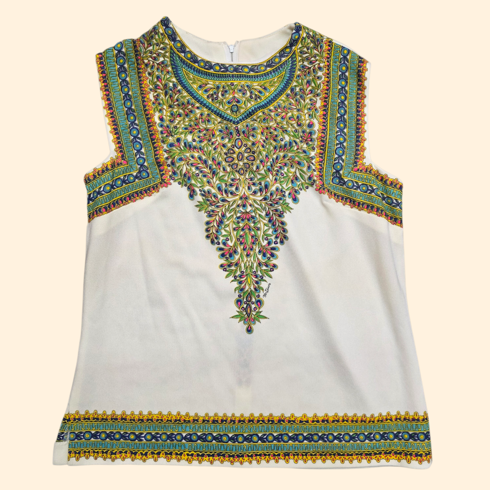 1960s Mr. Dino Psychedelic Sleeveless Shell Tunic Top ~ Large ~ Teal Yellow Green Pink