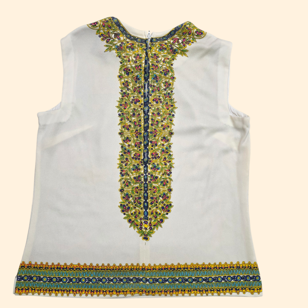 1960s Mr. Dino Psychedelic Sleeveless Shell Tunic Top ~ Large ~ Teal Yellow Green Pink