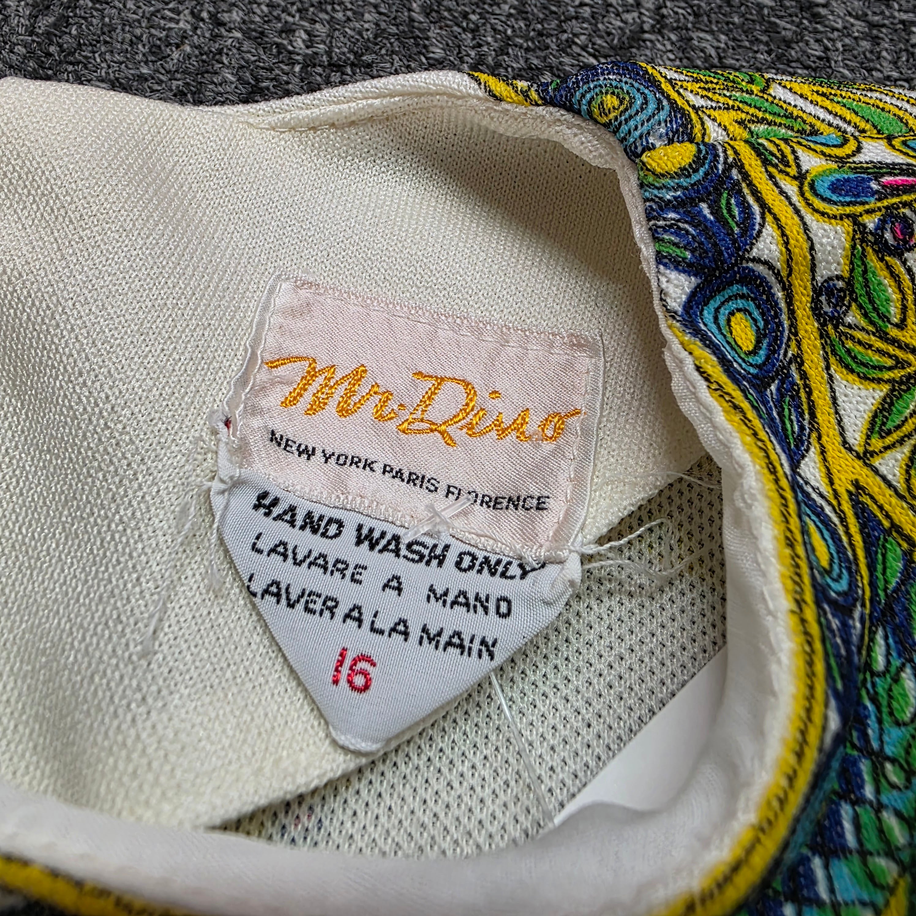 1960s Mr. Dino Psychedelic Sleeveless Shell Tunic Top ~ Large ~ Teal Yellow Green Pink