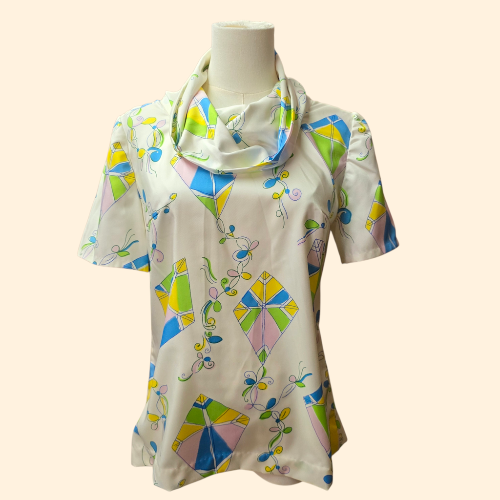 1960s Novelty Kite Print Cowl Neck Top ~ Medium