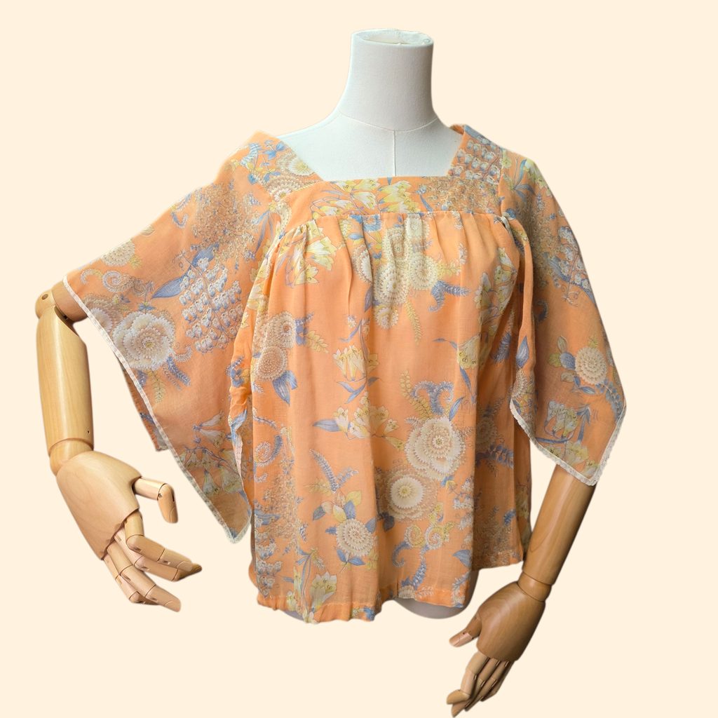 1970s Peach Floral Angel Sleeve Boho Hippie Top ~ Large