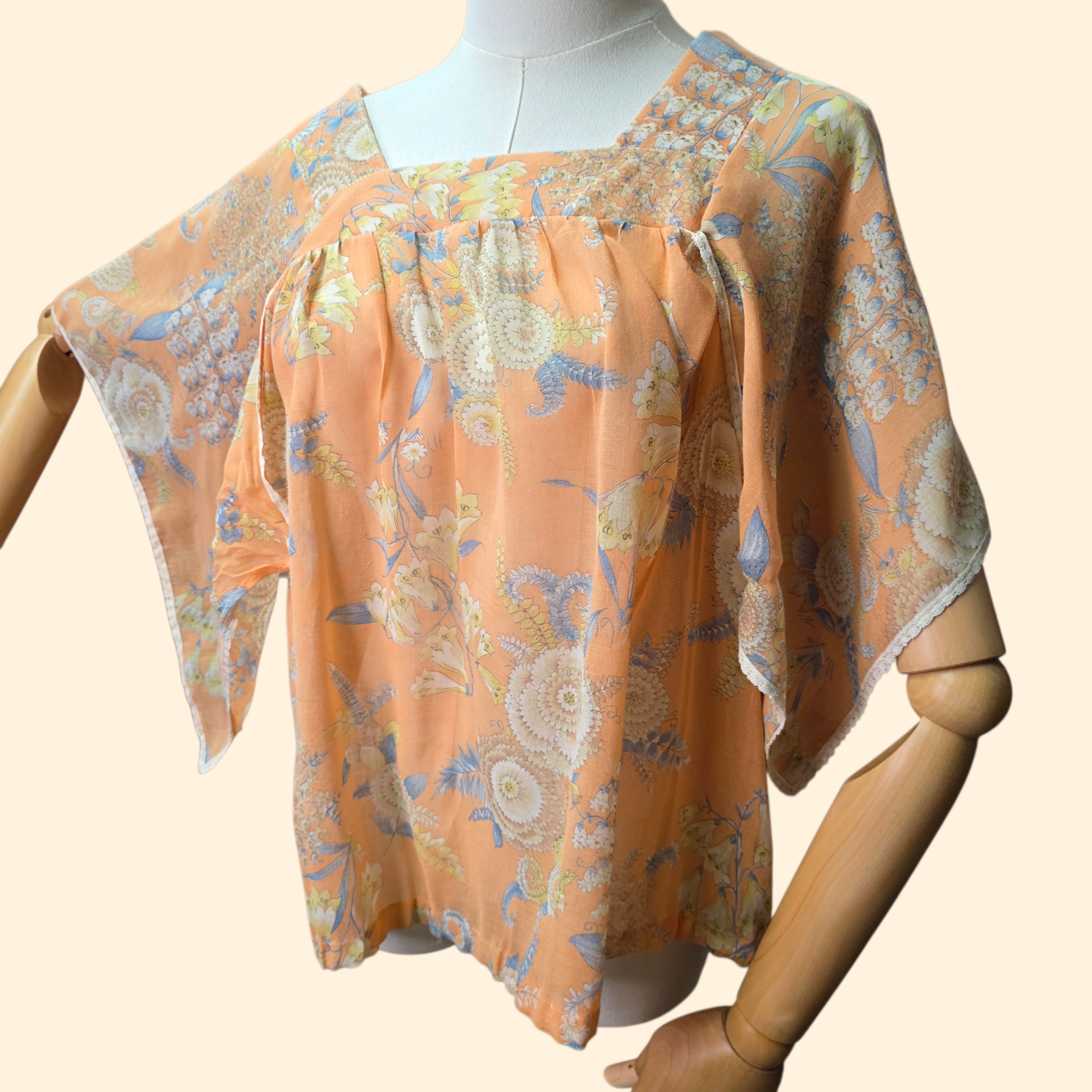 1970s Peach Floral Angel Sleeve Boho Hippie Top ~ Large