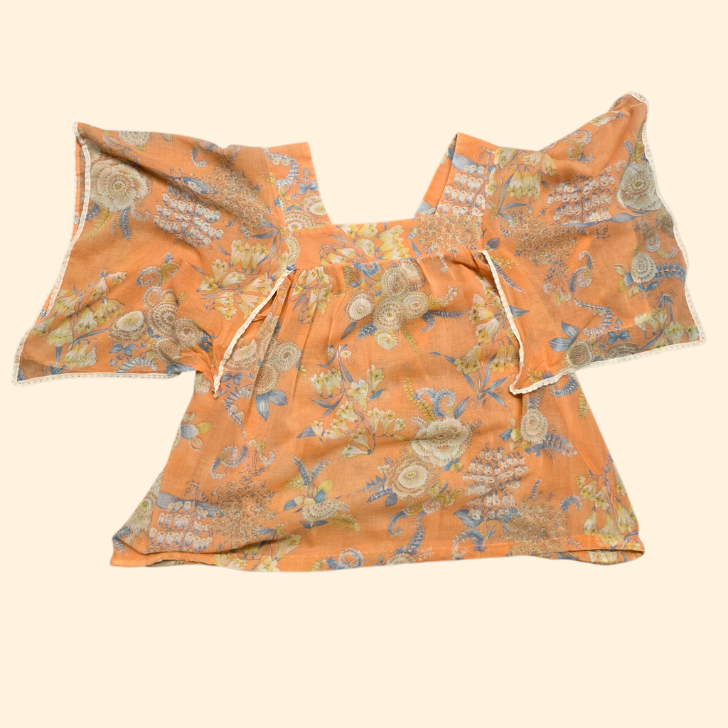 1970s Peach Floral Angel Sleeve Boho Hippie Top ~ Large