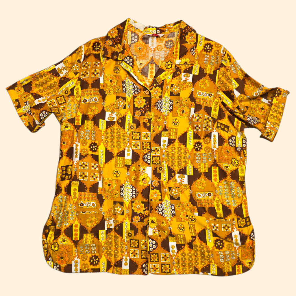 1960s Flower Power Button Down Shirt ~ Large ~ Mustard Orange Brown Floral