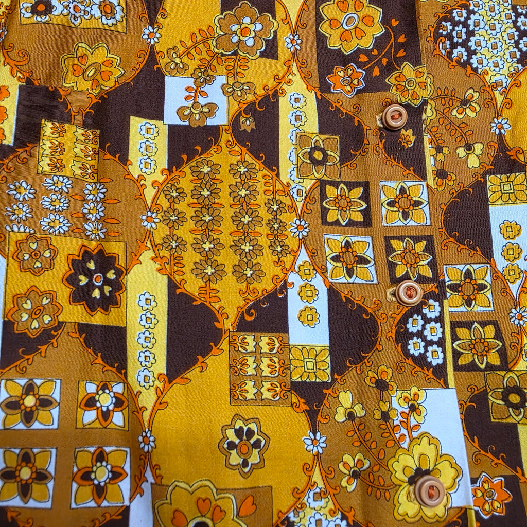 1960s Flower Power Button Down Shirt ~ Large ~ Mustard Orange Brown Floral