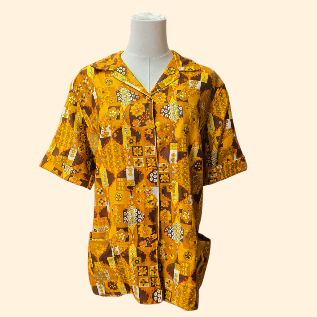1960s Flower Power Button Down Shirt ~ Large ~ Mustard Orange Brown Floral