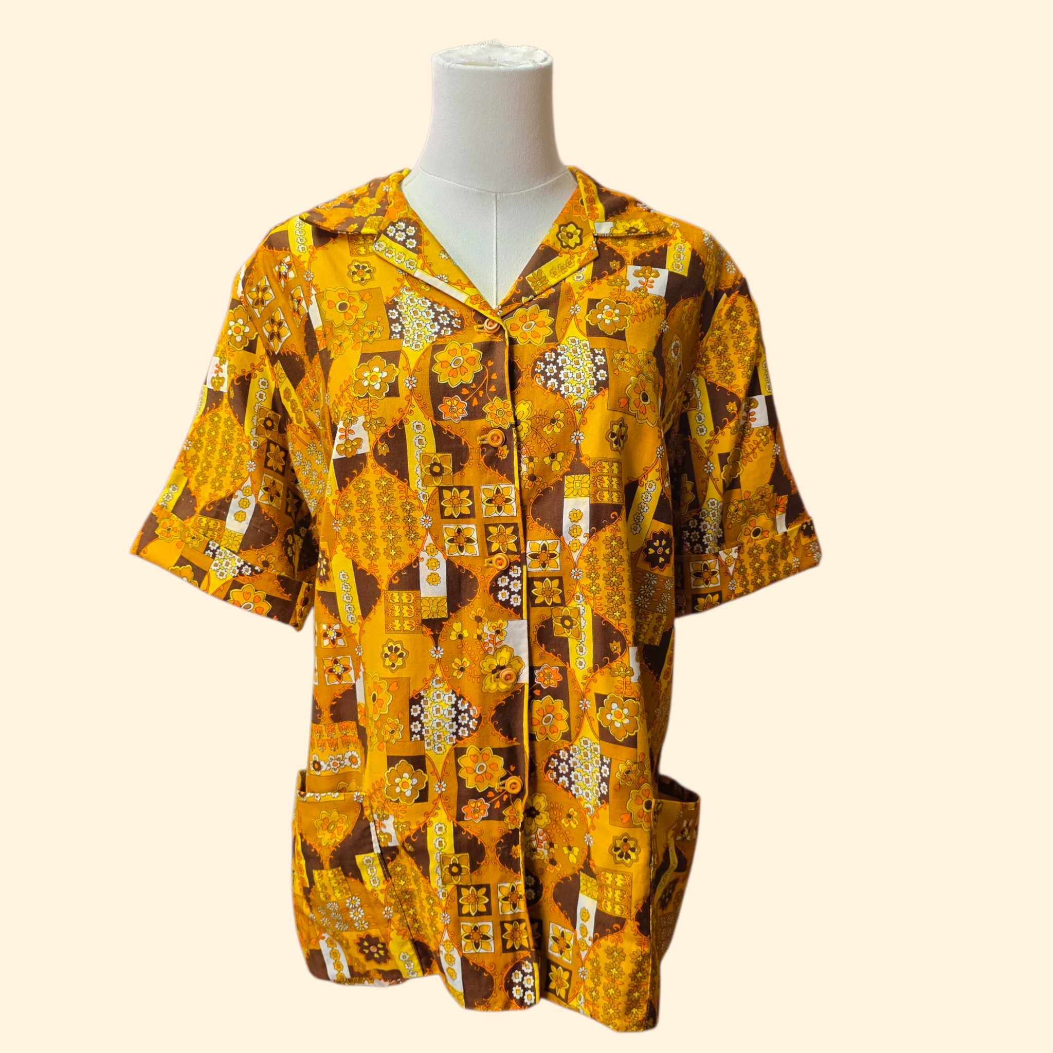 1960s Flower Power Button Down Shirt ~ Large ~ Mustard Orange Brown Floral
