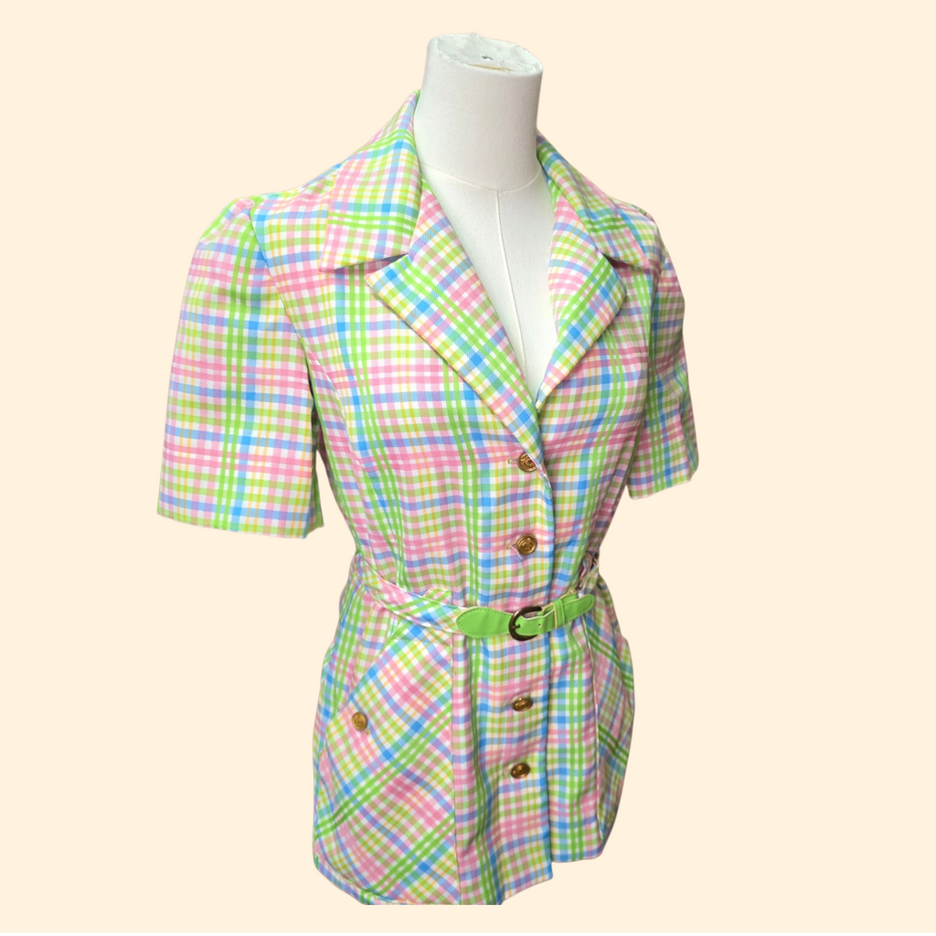 1970s Pastel Plaid Blazer Top ~ Small