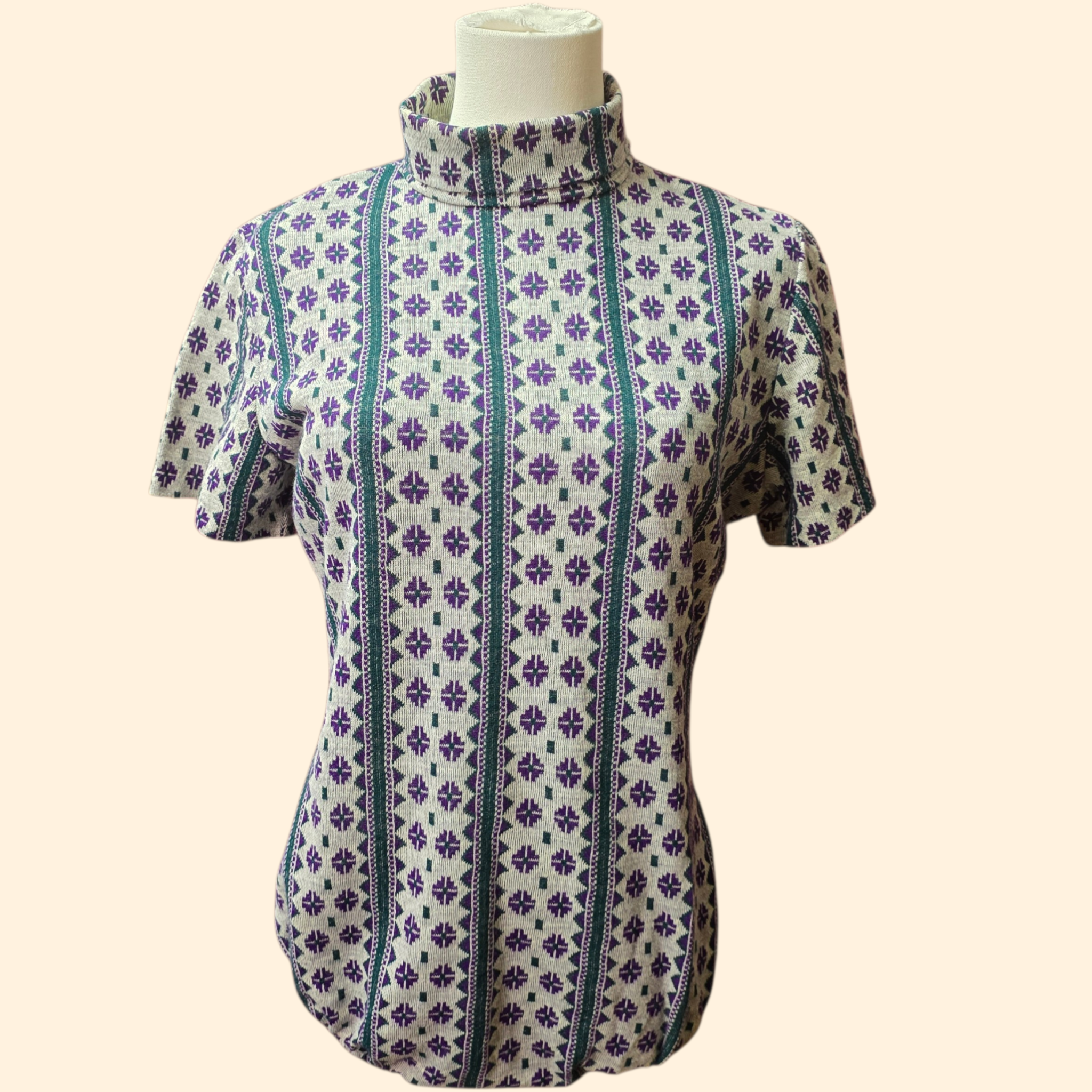 1960s Geometric Print Polyester Knit Mock Neck Bodysuit ~ Medium