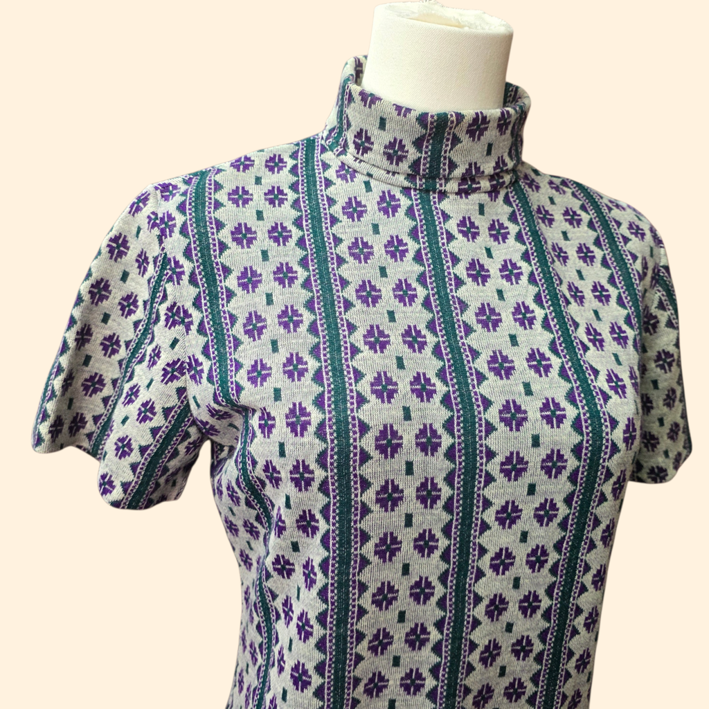1960s Geometric Print Polyester Knit Mock Neck Bodysuit ~ Medium