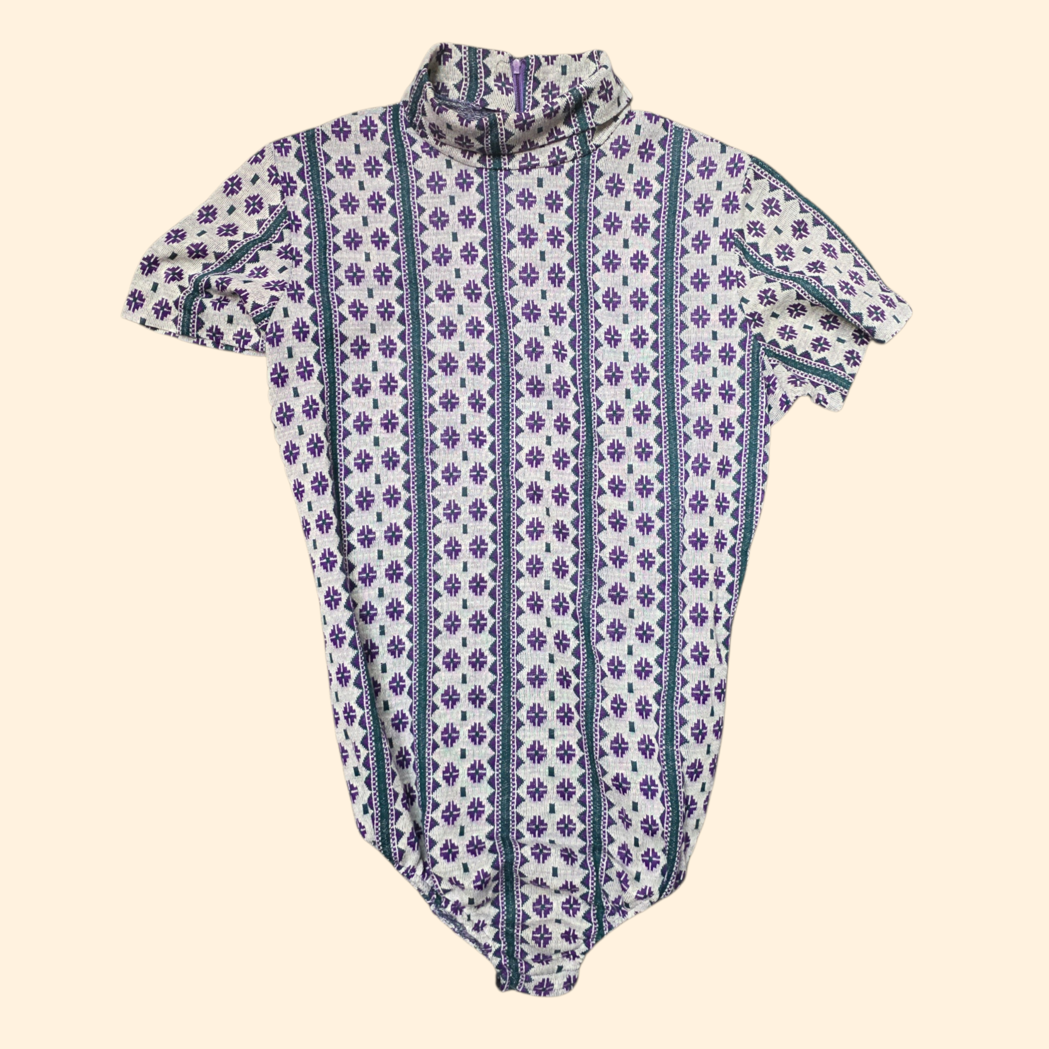 1960s Geometric Print Polyester Knit Mock Neck Bodysuit ~ Medium