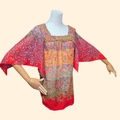 1970s Red Floral Print Angel Sleeve Top ~ Medium