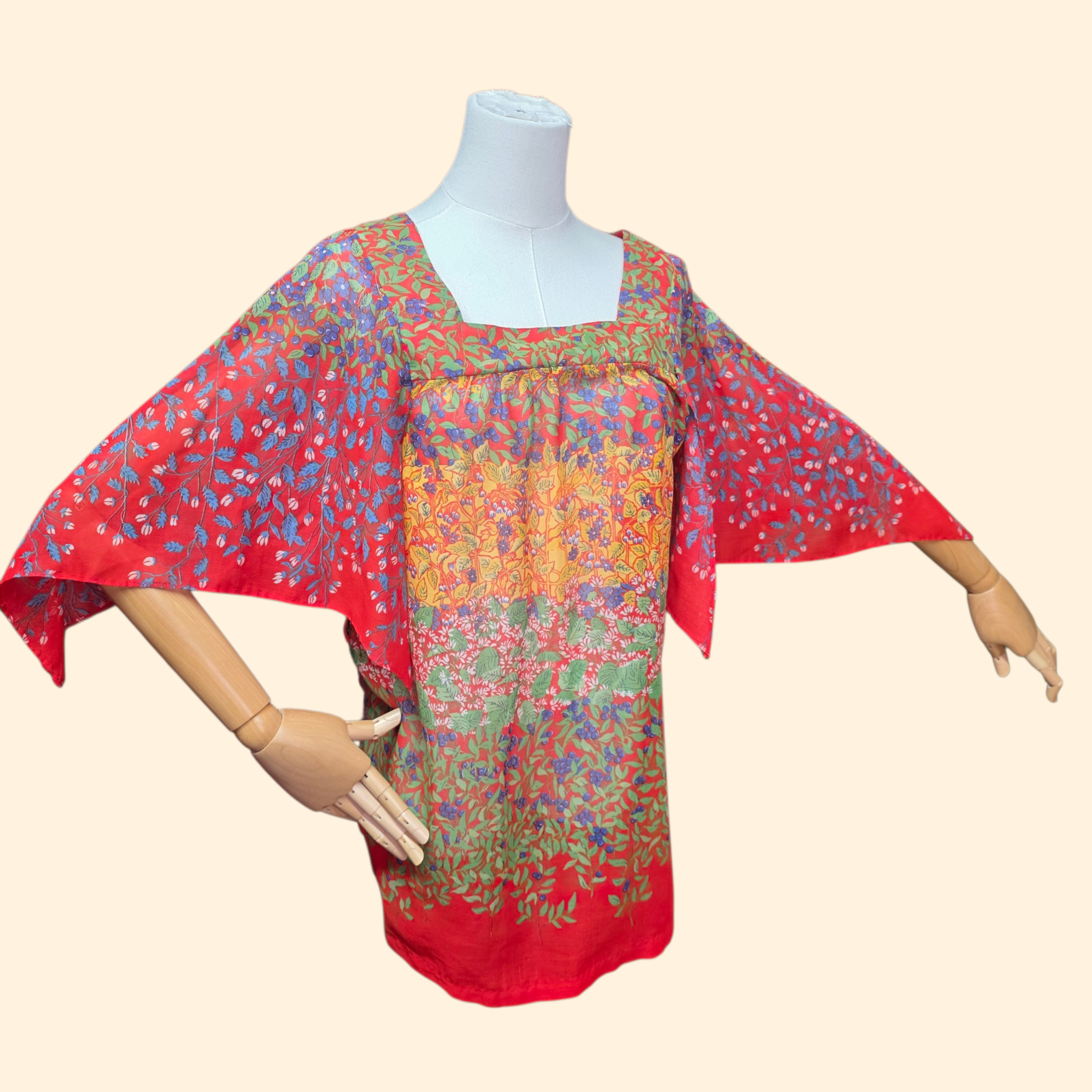 1970s Red Floral Print Angel Sleeve Top ~ Medium