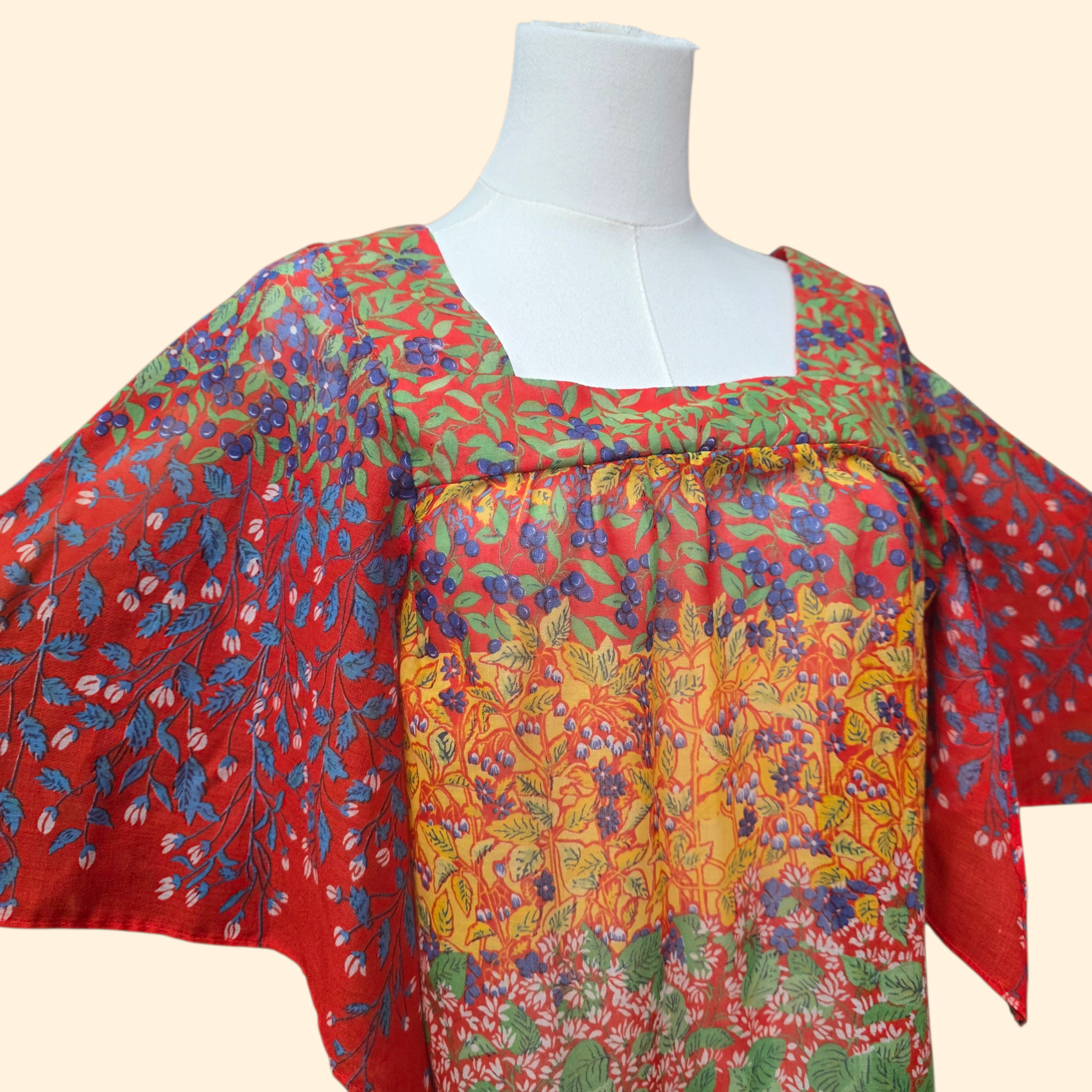 1970s Red Floral Print Angel Sleeve Top ~ Medium