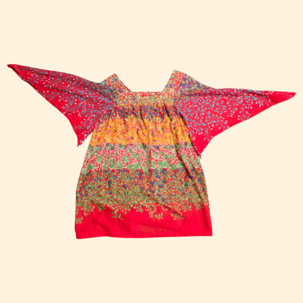 1970s Red Floral Print Angel Sleeve Top ~ Medium