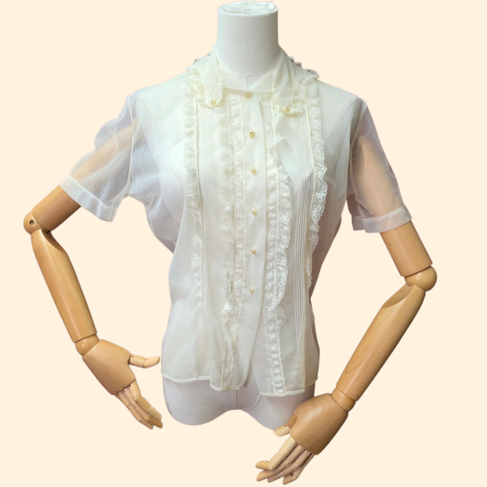 1950s Sheer Ivory Lace Trimmed Blouse ~ Small