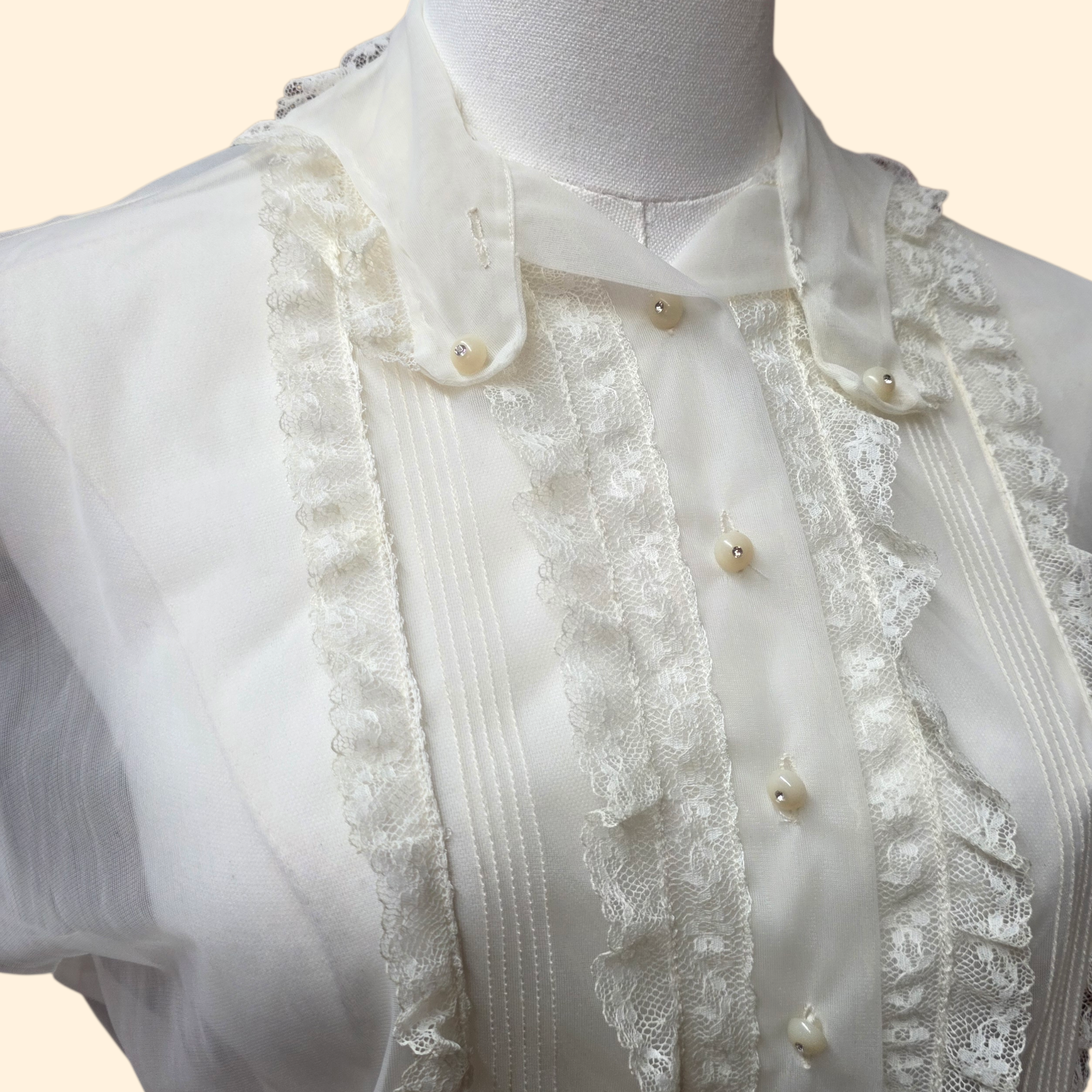 1950s Sheer Ivory Lace Trimmed Blouse ~ Small