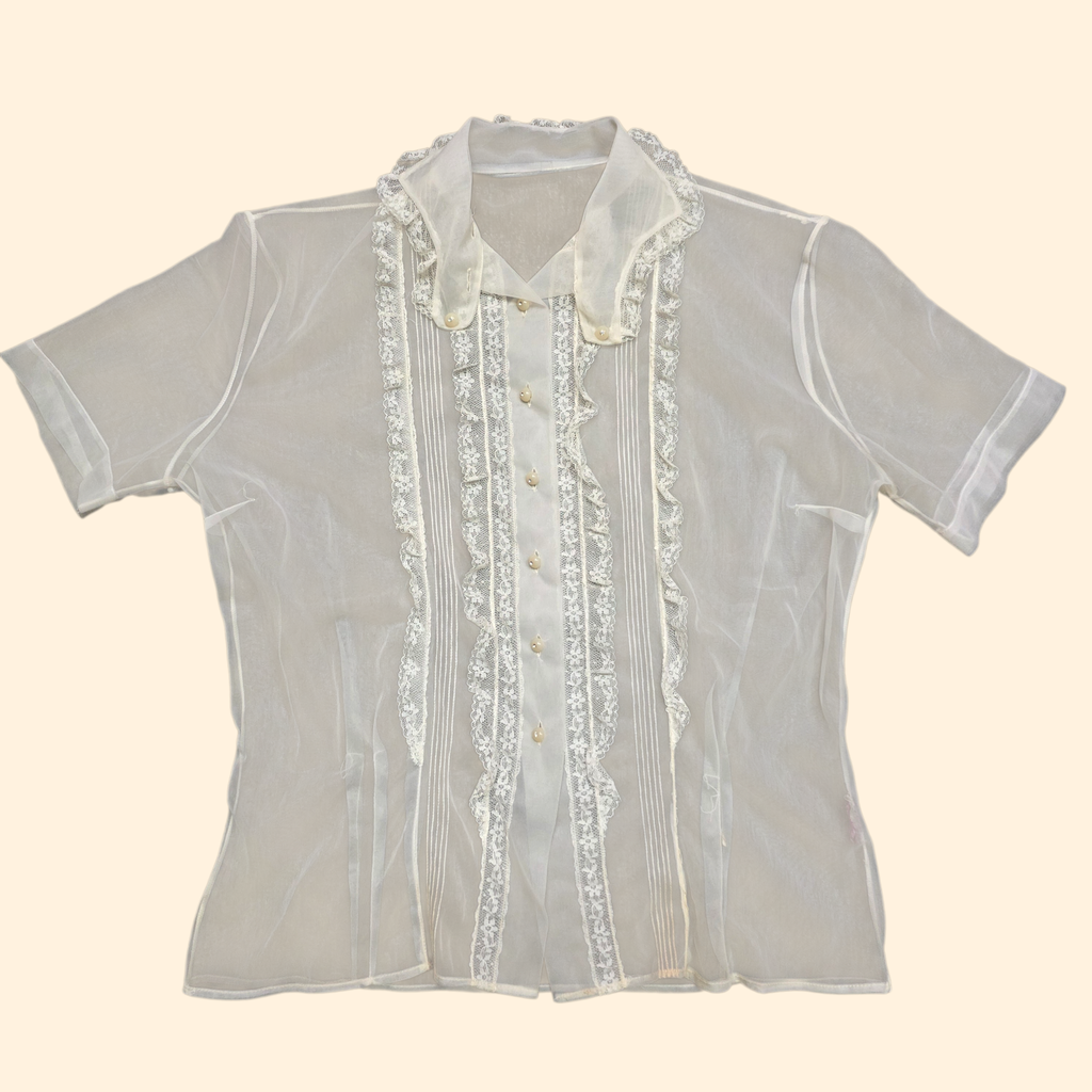 1950s Sheer Ivory Lace Trimmed Blouse ~ Small