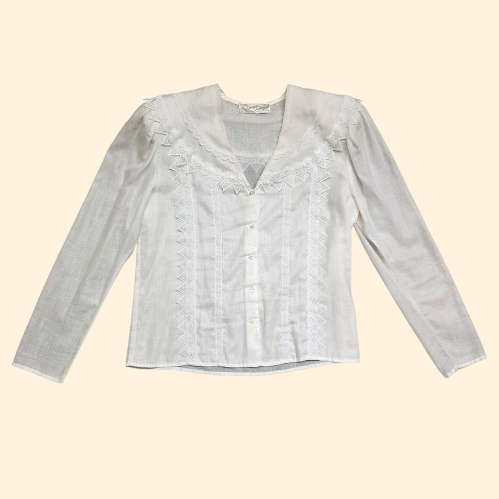 1980s Gunne Sax Victorian Style Ivory Lace Trim Blouse ~ Large
