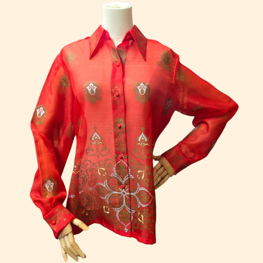 1970s Alfred Shaheen Hawaiian Screen Print  Red Button Down Shirt Blouse ~ Large