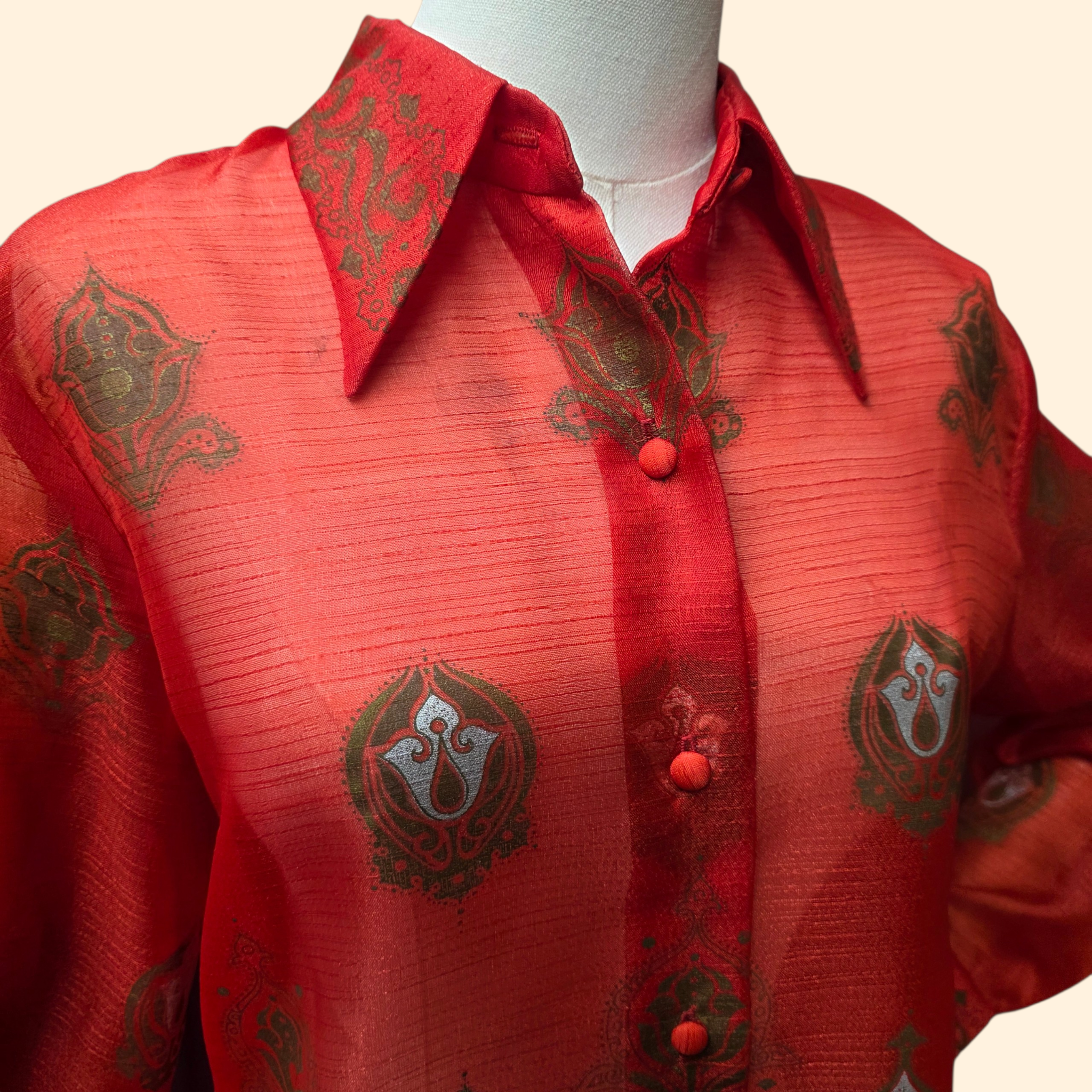 1970s Alfred Shaheen Hawaiian Screen Print  Red Button Down Shirt Blouse ~ Large