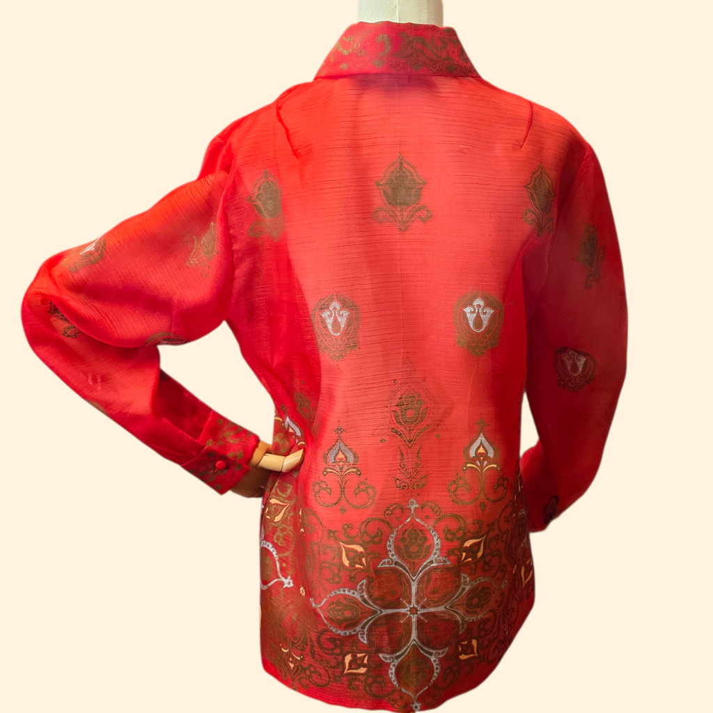 1970s Alfred Shaheen Hawaiian Screen Print  Red Button Down Shirt Blouse ~ Large
