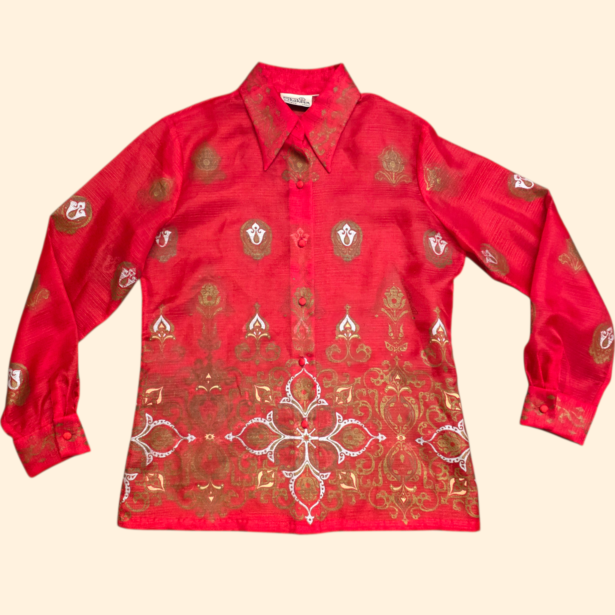 1970s Alfred Shaheen Hawaiian Screen Print  Red Button Down Shirt Blouse ~ Large