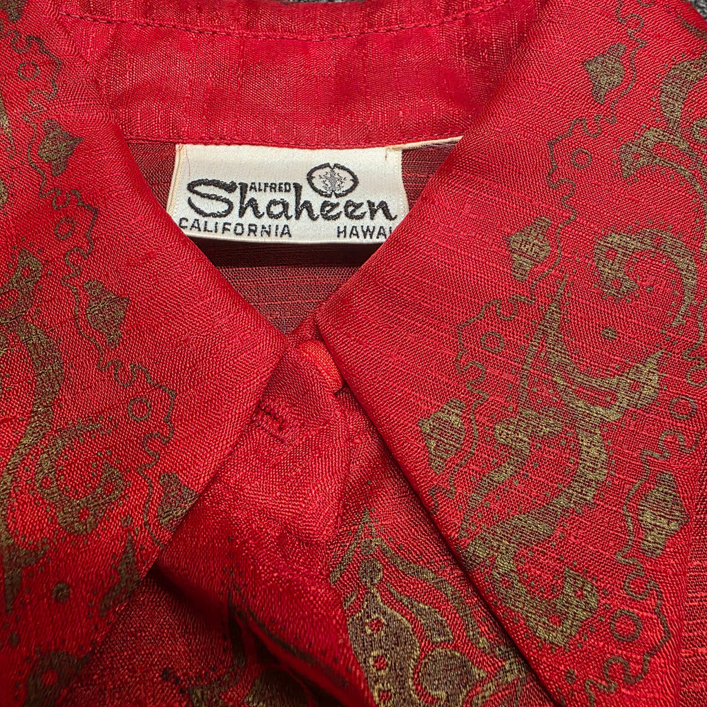 1970s Alfred Shaheen Hawaiian Screen Print  Red Button Down Shirt Blouse ~ Large