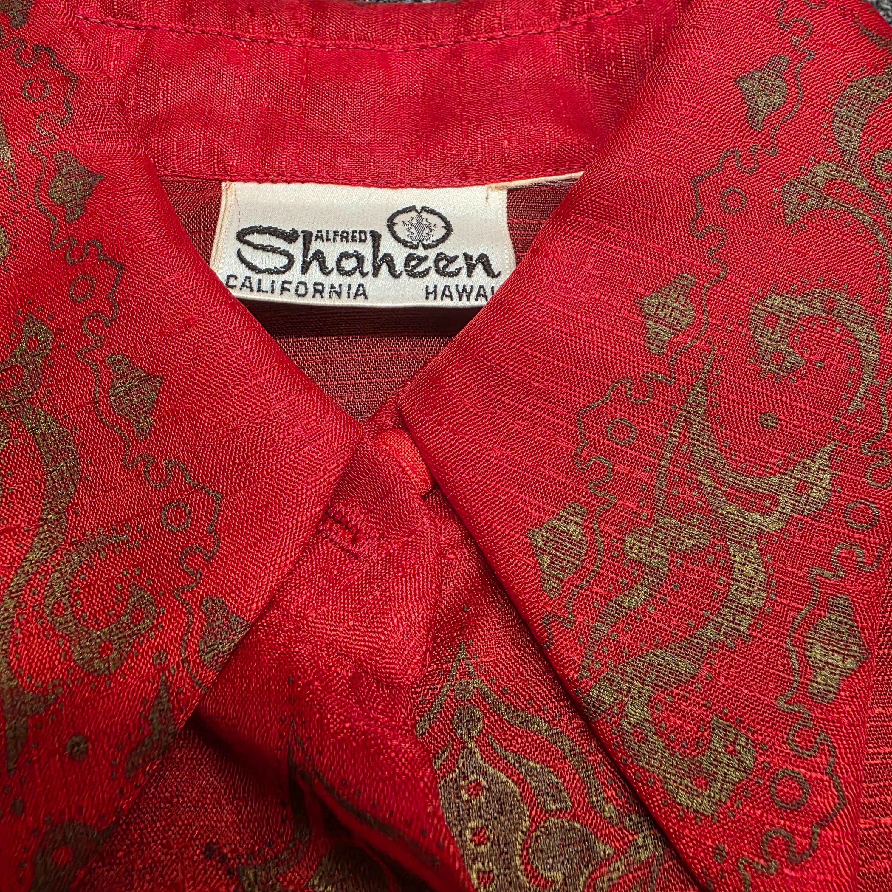 1970s Alfred Shaheen Hawaiian Screen Print  Red Button Down Shirt Blouse ~ Large