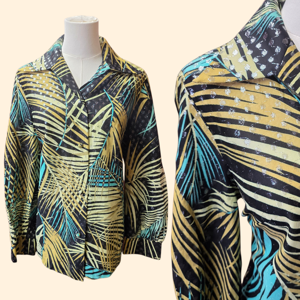 1970s Leaf Print Lurex Dagger Collar Button Down Shirt ~ Medium