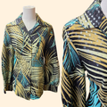 1970s Leaf Print Lurex Dagger Collar Button Down Shirt ~ Medium