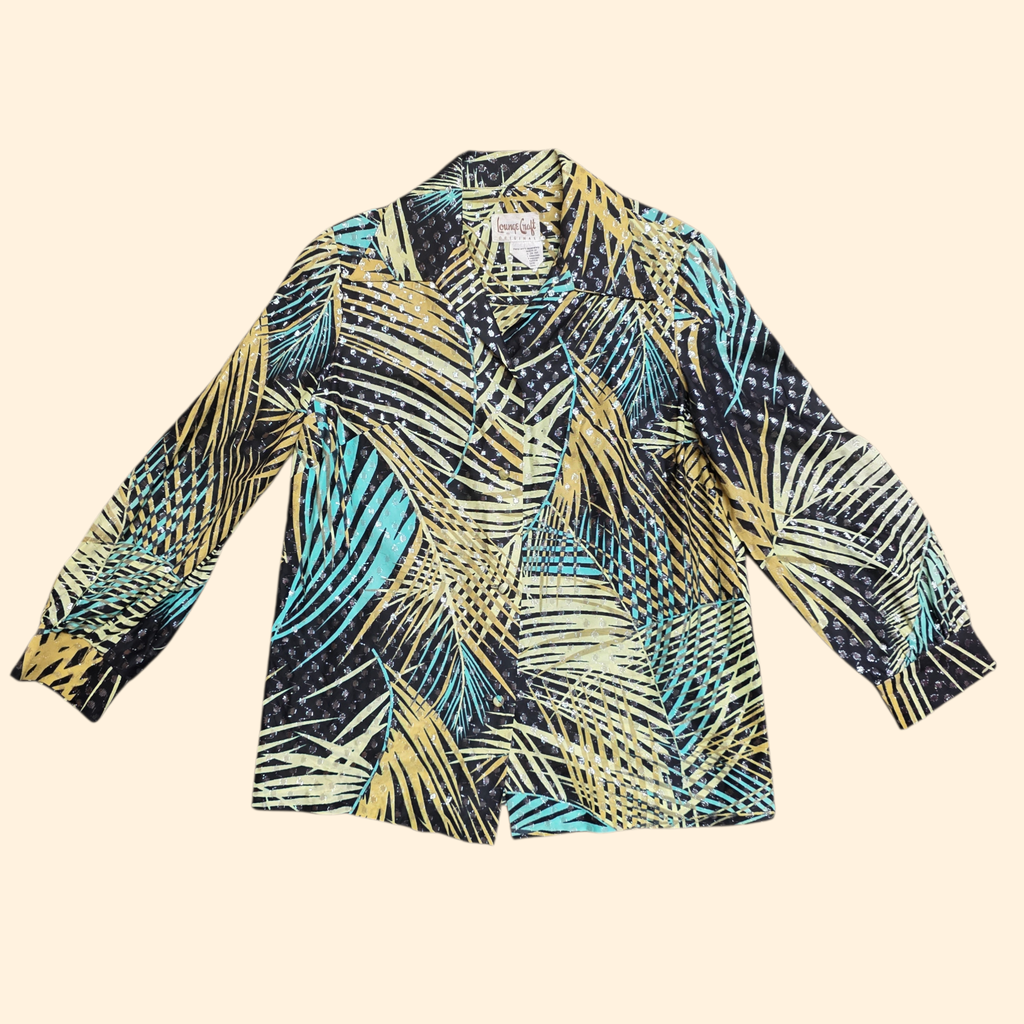 1970s Leaf Print Lurex Dagger Collar Button Down Shirt ~ Medium