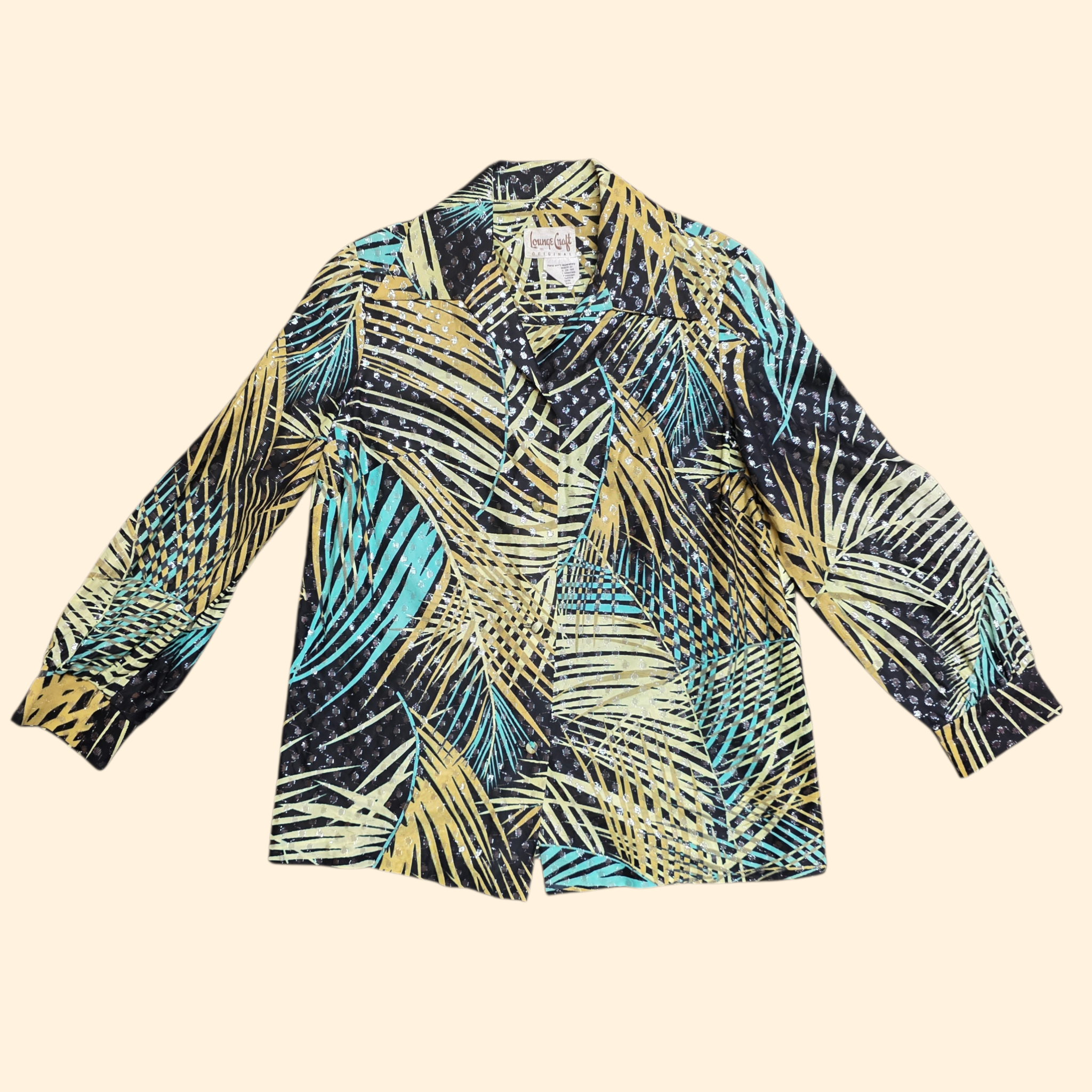 1970s Leaf Print Lurex Dagger Collar Button Down Shirt ~ Medium