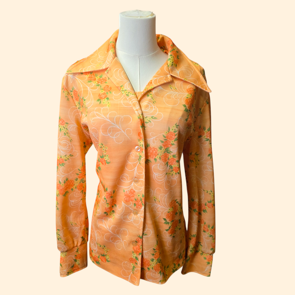 1960s Salmon Floral Dagger Collar Polyester Shirt Set ~ Large