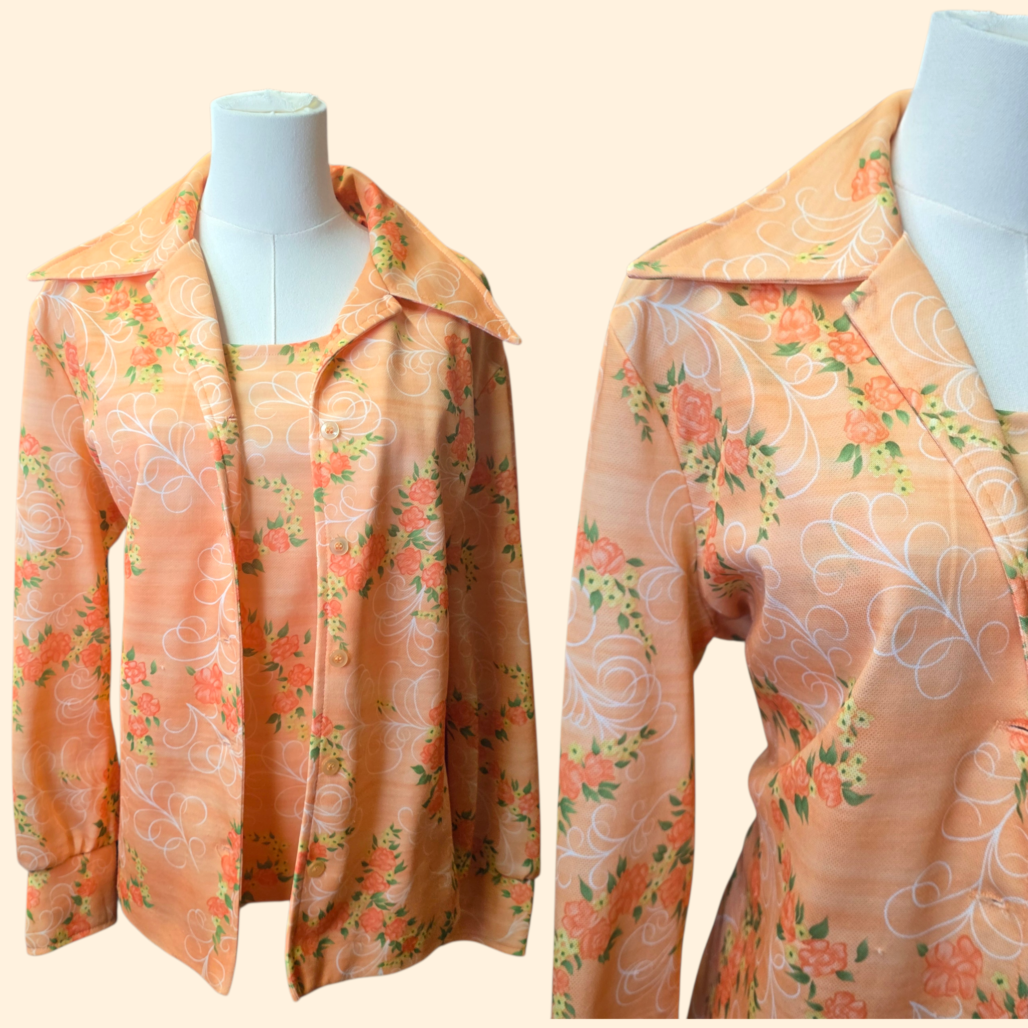 1960s Salmon Floral Dagger Collar Polyester Shirt Set ~ Large
