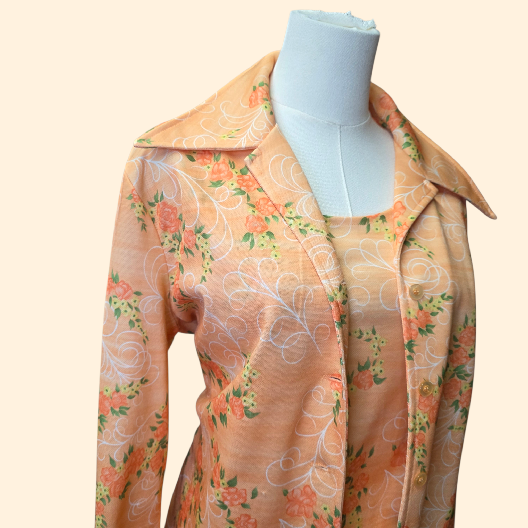 1960s Salmon Floral Dagger Collar Polyester Shirt Set ~ Large